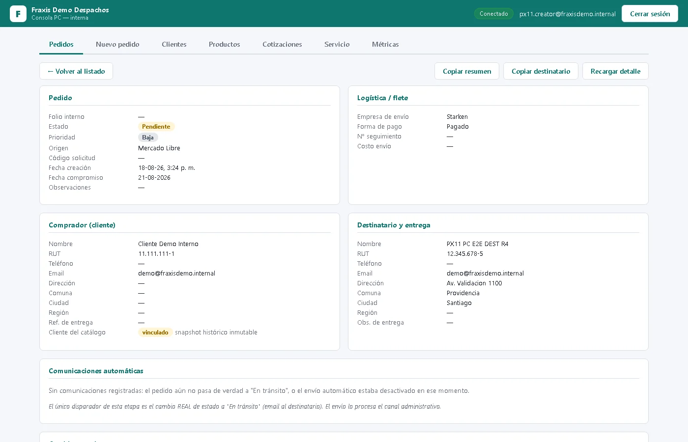 Detalle de un pedido con comprador, destinatario, logística y comunicaciones automáticas