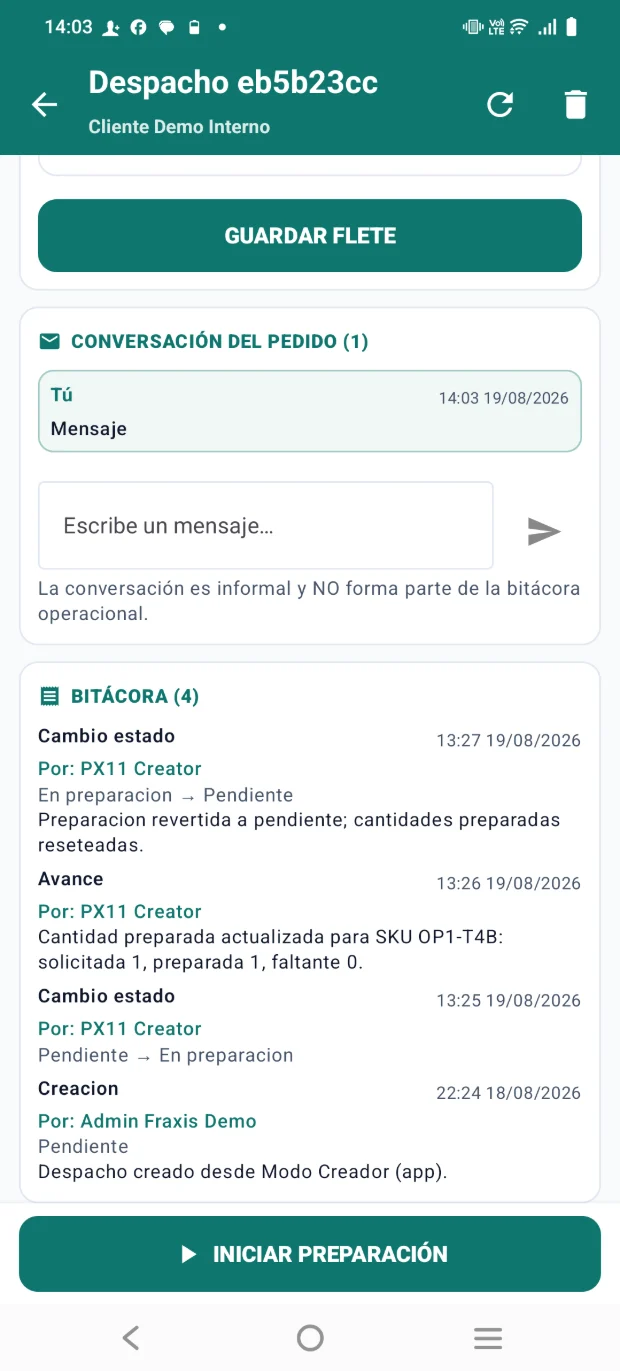 Conversación del pedido y bitácora con autor, hora y transición de estado