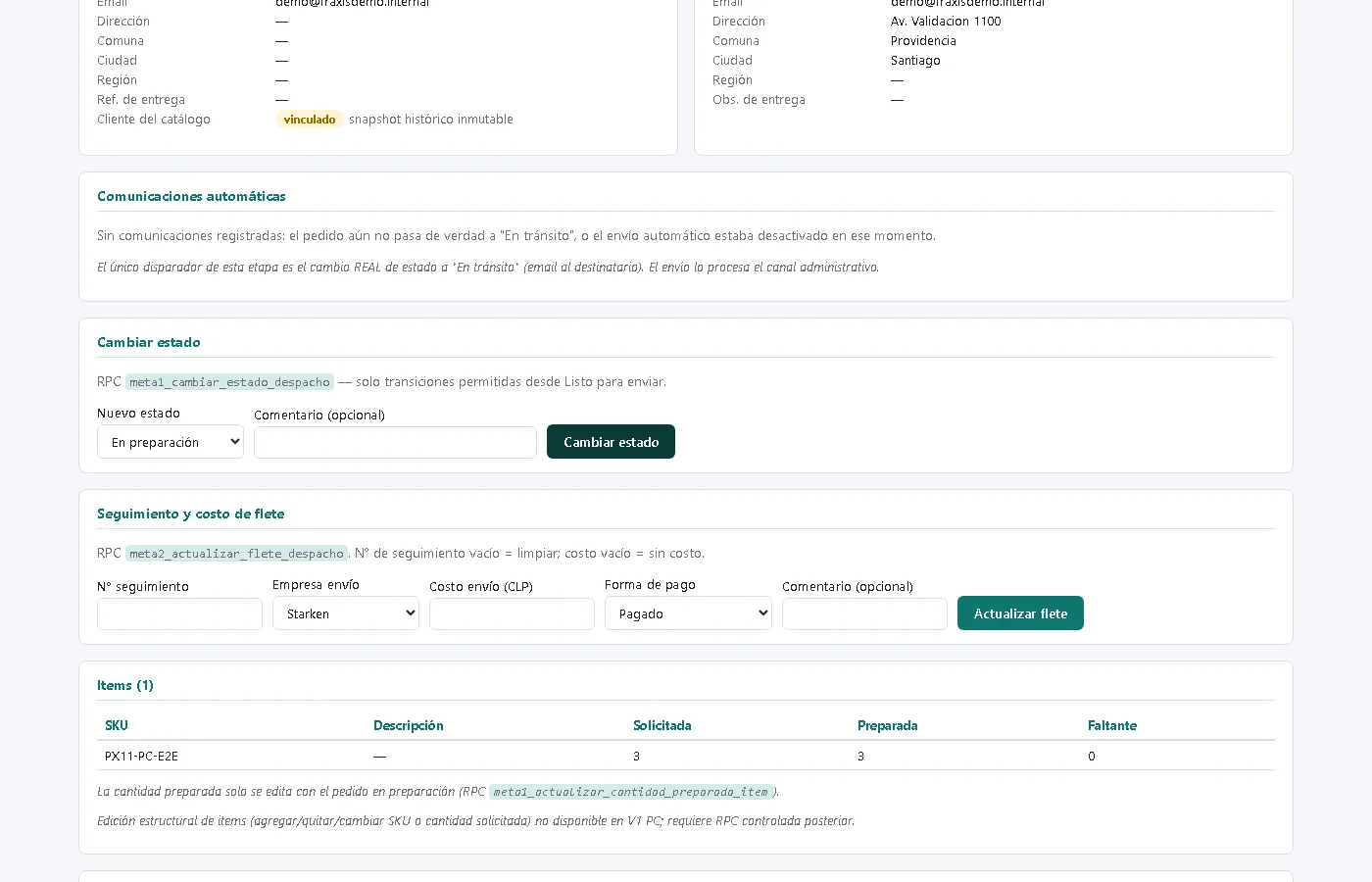 Cambio de estado con transiciones permitidas, actualización de flete e ítems solicitados, preparados y faltantes