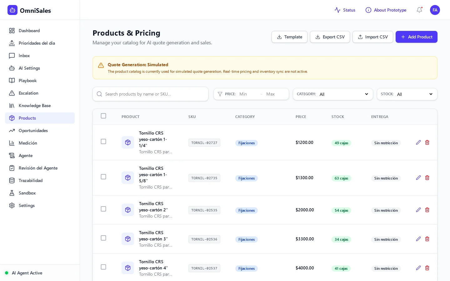 Catálogo de productos con SKU, categoría, precio y stock