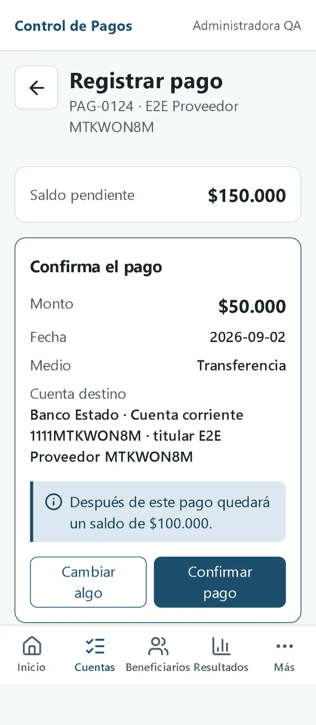 Confirmación de un pago parcial en Control de Pagos desde el teléfono