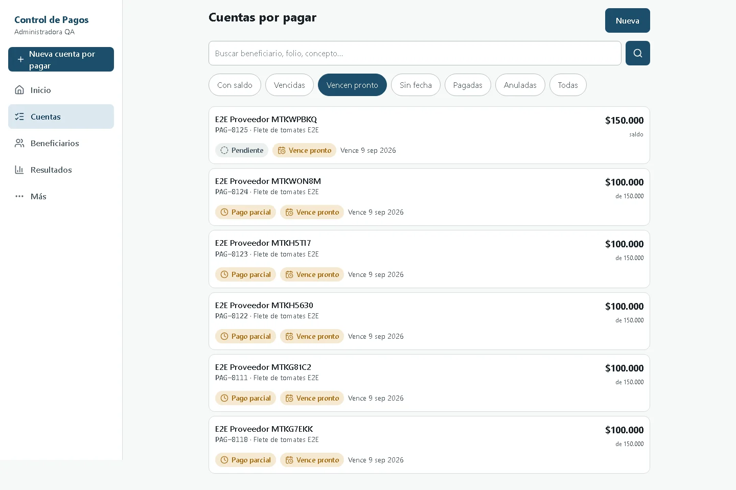 Bandeja de cuentas por pagar que vencen pronto, con saldo y estado por cuenta